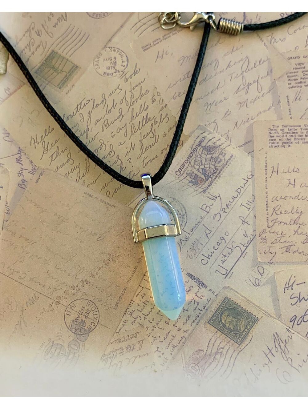 Vintage Metaphysical / Bohemian Opalite Crystal Hexagonal Point Pendant Necklace